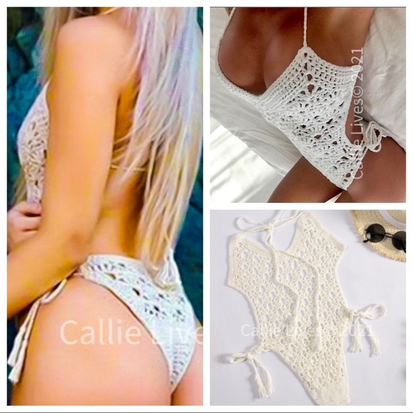 NWT BoHo High Cut Crochet 1Pc Retro Thong Swimsuit - Picture 1 of 16